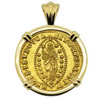 Venice 1676-1684, Jesus Christ and Saint Mark zecchino in 14k gold pendant.