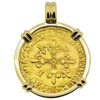 French 1515 - 1547, Ecu d'or Golden Shield in 14k gold pendant.