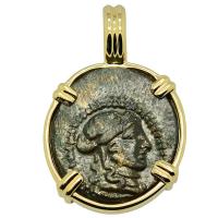 Greek 133-80 BC, Apollo and Club bronze coin in 14k gold pendant.
