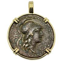 Greek 150-50 BC, Athena and Nike bronze coin in 14k gold pendant.