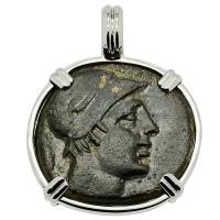 Greek 115-90 BC, Ares and Sword bronze coin in 14k white gold pendant.