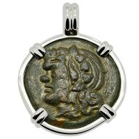 Greek 310-304 BC, Pan and Lion bronze coin in 14k white gold pendant.