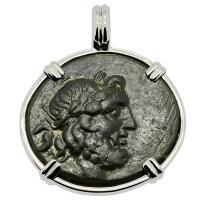 Greek 188-133 BC, Zeus and Thunderbolt bronze coin in 14k white gold pendant.