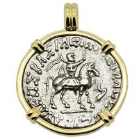 Greek 57-35 BC, King Azes I on horseback and Goddess Athena tetradrachm in 14k gold pendant.

