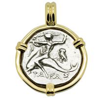 Greek - Italy 272-240 BC, Taras riding Dolphin and Horseman nomos in 14k gold pendant.