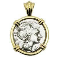 Roman Republic 109-108 BC, Roma and Victory chariot denarius in 14k gold pendant. 