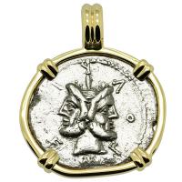 Roman Republic 120 BC, Janus and Roma denarius in 14k gold pendant.
