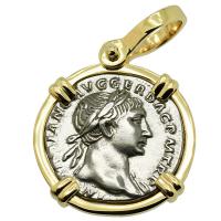 Roman Empire AD 103-111, Emperor Trajan and trophy denarius in 14k gold pendant.
