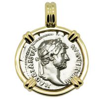 Roman Empire AD 128-132, Hadrian and Annona denarius in 14k gold pendant.