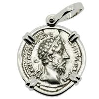 Roman Empire AD 175-176, Marcus Aurelius and Aequitas denarius in 14k white gold pendant.