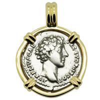 Roman Empire AD 140-144, Marcus Aurelius as Caesar denarius in 14k gold pendant.