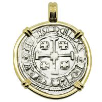 Cyprus 1285-1324, Henry II last ruling King of Jerusalem, gros grand Crusader coin in 14k gold pendant.