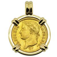 French Emperor Napoleon 20 francs dated 1813 in 14k gold pendant.