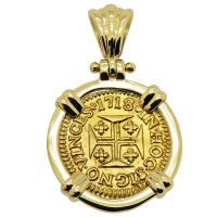 Portuguese 400 Reis dated 1718, with cross and crown in 14k gold pendant.