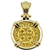 Portuguese 400 Reis dated 1729, with cross and crown in 14k gold pendant.