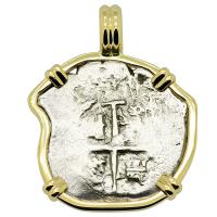 Colonial Spanish Peru, King Charles II one real dated 1694, in 14k gold pendant.
