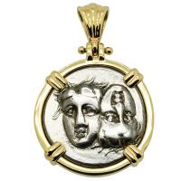Greek 400-350 BC, Gemini Twins of Istros drachm in 14k gold pendant.