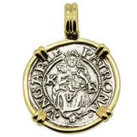 Hungarian dated 1551, Madonna and Child denar coin in 14k gold pendant. 