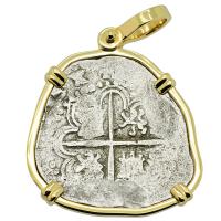 Spanish 2 reales 1566-1598, in 14k gold pendant.