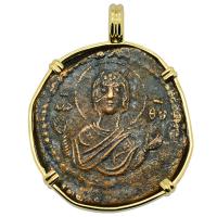 Byzantine 1068-1071, bronze follis in 14k gold pendant.