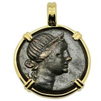 Greek 125-100 BC, Goddess of Women Artemis bronze coin in 14k gold pendant.