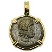 Greek 160-110 BC, God of Medicine Asclepius bronze coin in 14k gold pendant.
