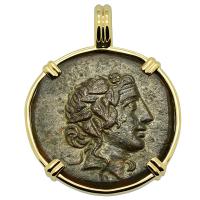 Greek 120-63 BC, God of Wine Dionysus and Cista Mystica bronze coin in 14k gold pendant.