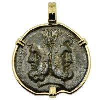 Roman Republic 200-190 BC, Janus bronze coin in 14k gold pendant.