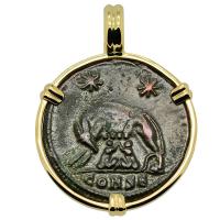 Roman Empire AD 330-336, She-Wolf Suckling Twins nummus in 14k gold pendant. 