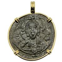 Byzantine 1078–1081, bronze follis in 14k gold pendant.
