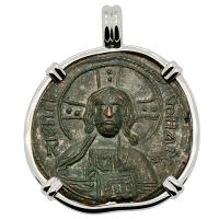 Byzantine 976-1025, bronze follis in 14k white gold pendant.