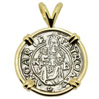 Hungarian dated 1540, Madonna and Child denar coin in 14k gold pendant. 
