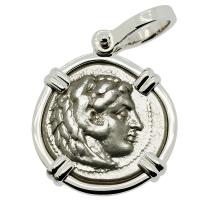 Greek 324-323 BC Lifetime Issue, Alexander the Great drachm in 14k white gold pendant.