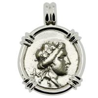 Greek 196-146 BC, Apollo and Athena drachm coin in 14k white gold pendant.