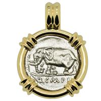Roman Republic 81 BC, Elephant and Pietas denarius in 14k gold pendant. 