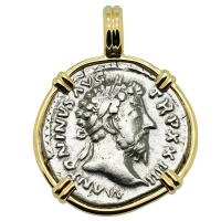 Roman Empire AD 169-170, Marcus Aurelius and Victory denarius in 14k gold pendant.