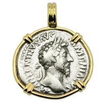 Roman Empire AD 165-166, Marcus Aurelius and Victory denarius in 14k gold pendant.