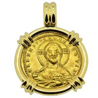 Byzantine 945-959, Jesus Christ with Constantine VII and Romanus II solidus in 18k gold pendant.