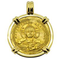 Byzantine 1025-1028, Jesus Christ and Constantine VIII gold nomisma in 18k gold pendant.