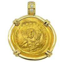 Byzantine AD 1042-1055, Jesus Christ and Constantine IX gold nomisma in 18k gold pendant with diamonds.