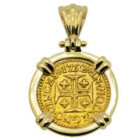 Portuguese King Joseph I 400 Reis dated 1752, in 14k gold pendant.