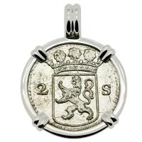 Dutch 2 stuivers dated 1724 in 14k white gold pendant, 1725 East Indiaman Shipwreck Norway. 