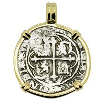 Colonial Spanish Mexico 1 real 1571-1589, in 14k gold pendant.