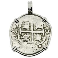 Colonial Spanish Peru, King Charles II one real dated 1685, in 14k white gold pendant.