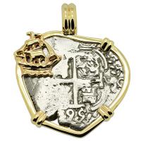 Colonial Spanish Peru, King Charles II one real dated 1695, in 14k gold galleon pendant.