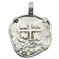 Colonial Spanish Peru, King Charles II one real dated 1692, in 14k white gold pendant.