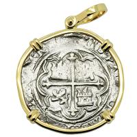 Colonial Spanish Mexico 2 reales 1571-1589, in 14k gold pendant.
