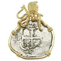 Colonial Spanish Peru, King Charles II two reales dated 1683, in 14k gold octopus pendant.