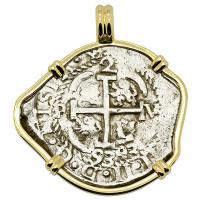 Colonial Spanish Peru, King Charles II two reales dated 1693, in 14k gold pendant.