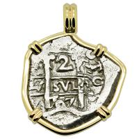 Colonial Spanish Peru, King Philip V two reales dated 1707 in 14k gold pendant.